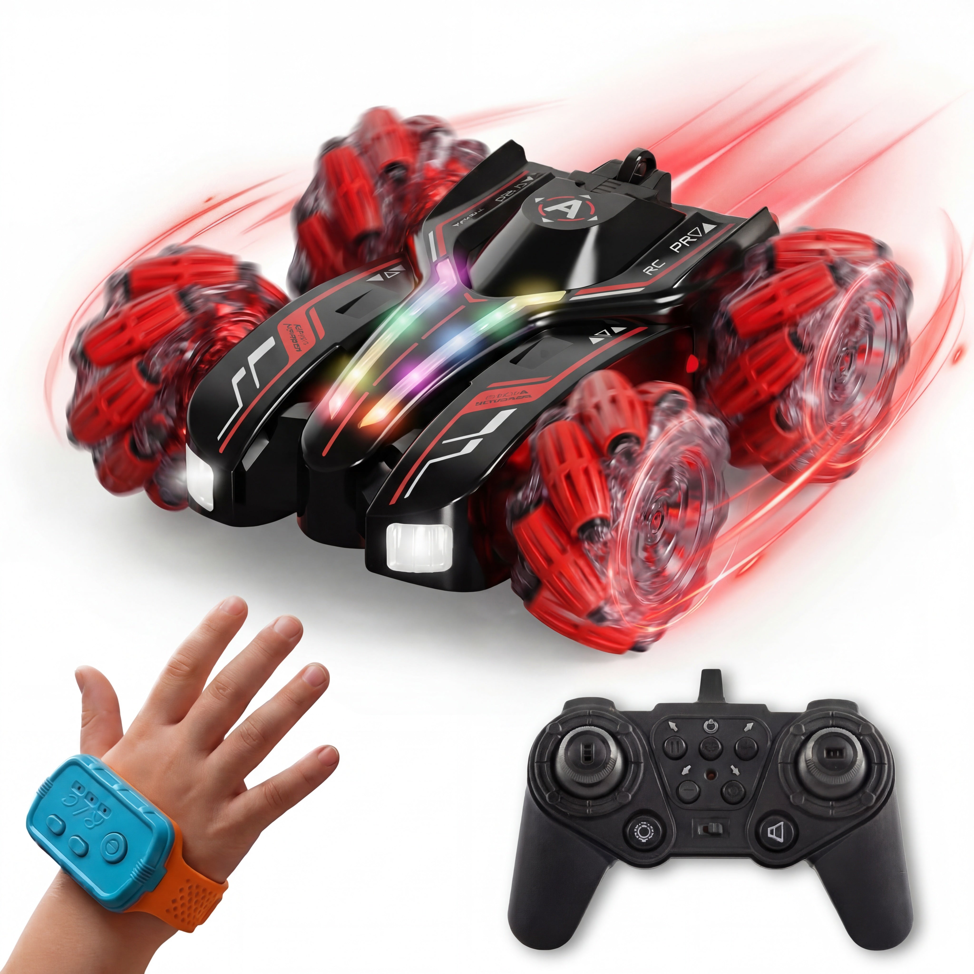 Auto zdalnie sterowane 360° z efektem dymu (PILOT + KONTROLER NA NADGARSTEK)